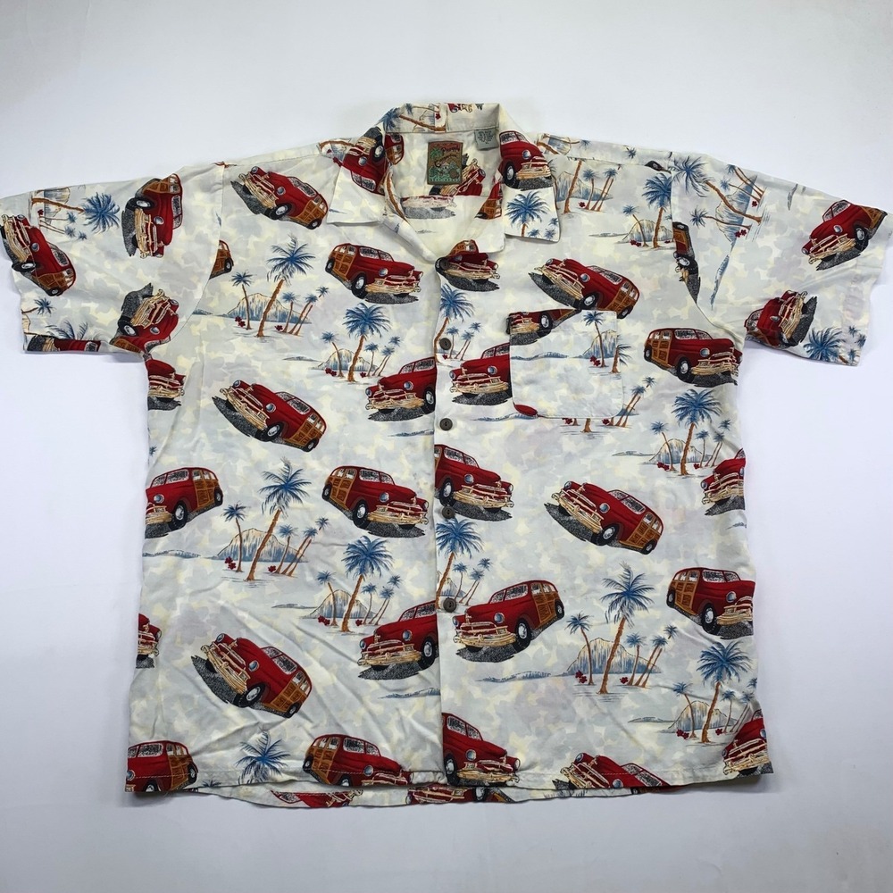 Pineapple Connection Hawaiian Shirt Size XL Red Woodie Car Palm‎ Tree Rayon